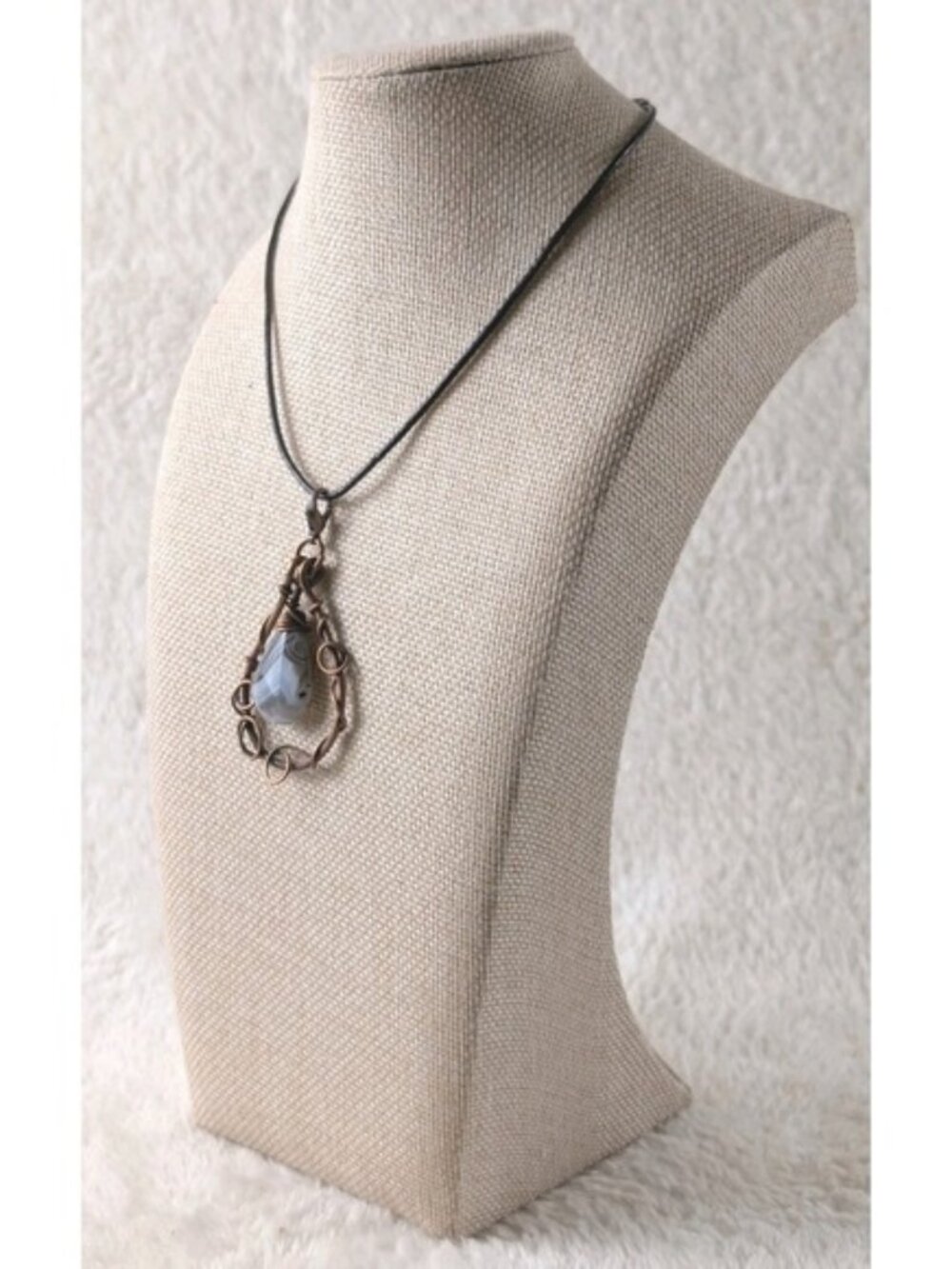 Handmade Copper‎ Wire Wrapped Banded Agate Pendant Necklace Boho Artisan